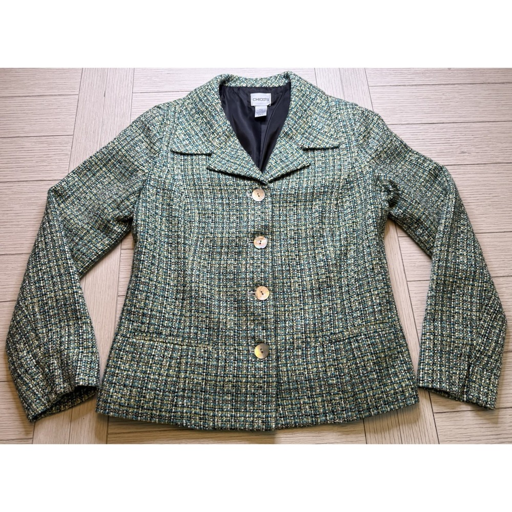 Chico's Sz 0 Textured Lined Green Turquoise Tweed Blazer Boucle Jacket Preppy S
